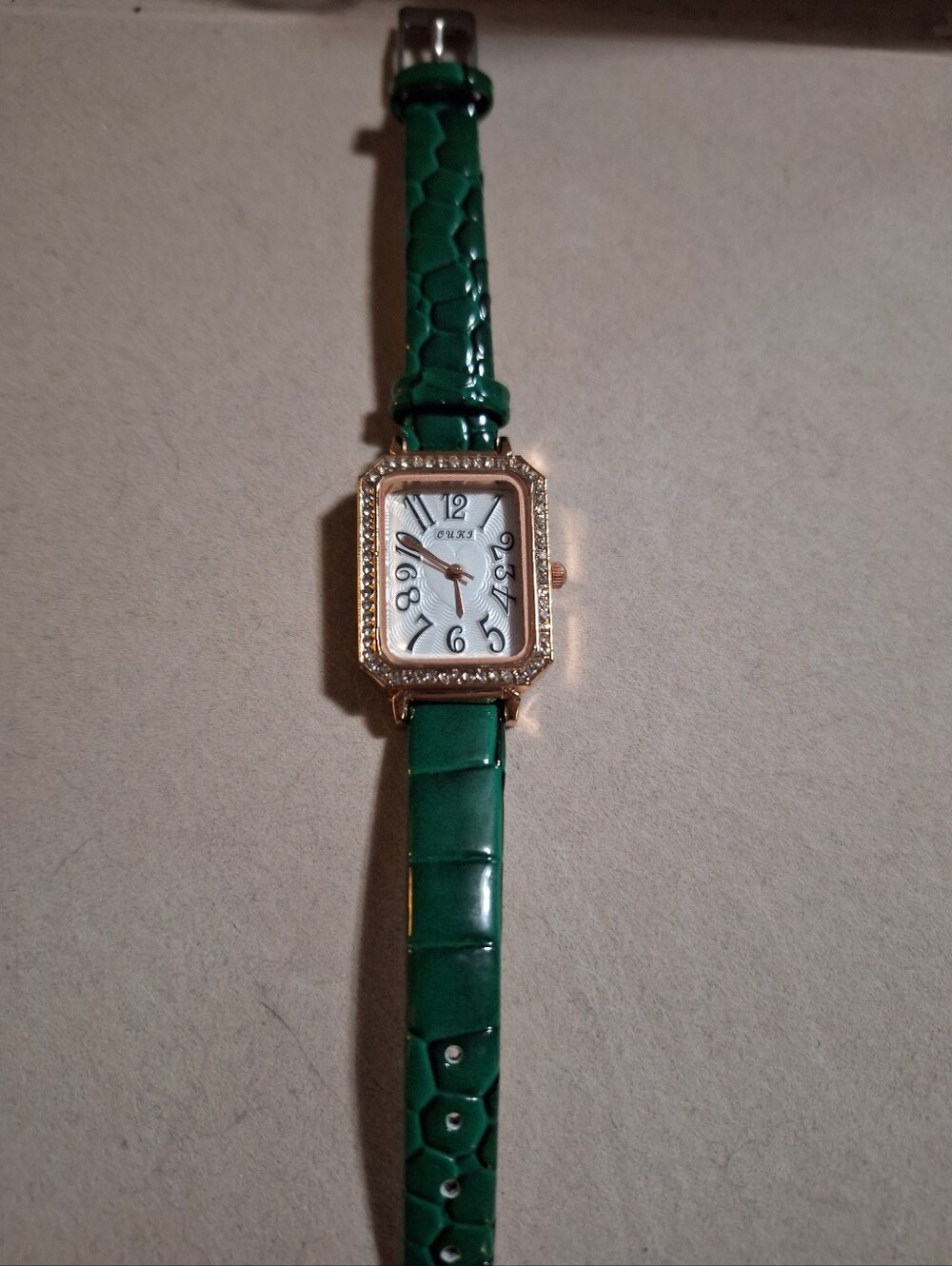 Green Croc-Pattern Watch with Gold-Tone Crystal Case